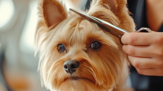 Photo a dog is getting a haircut by a man