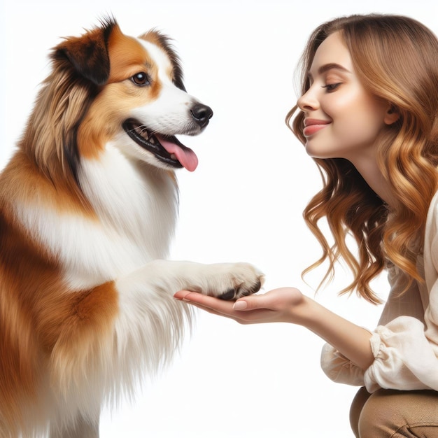 Dog is giving paw to the woman Isolated on white background