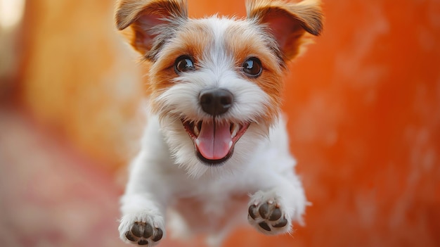 a dog is jumping in the air with its tongue out