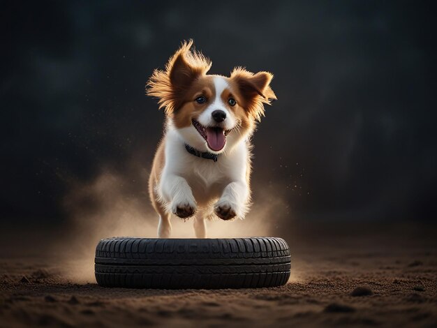 a dog is jumping in the air with a tire