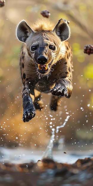 a dog is jumping in the air with a water drop