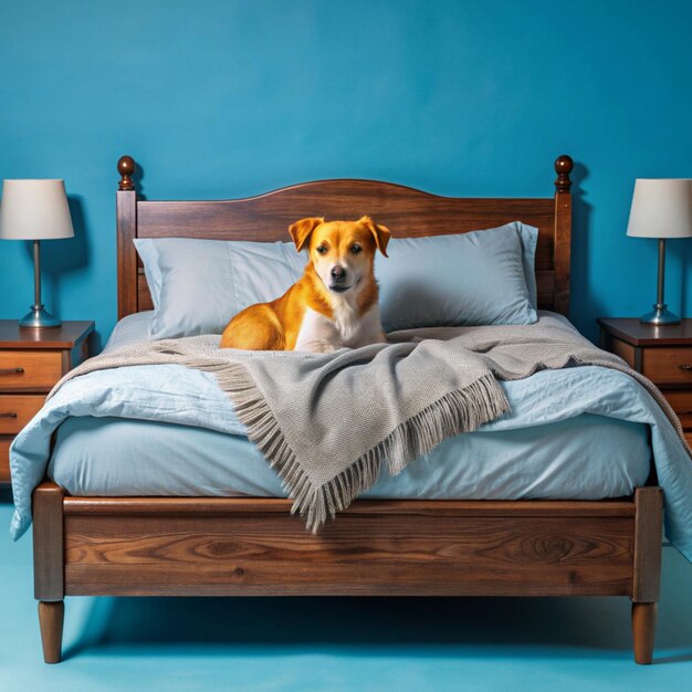 Photo a dog is laying on a bed with a blue wall behind it