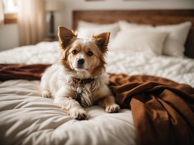 a dog is laying on a bed with a brown blanket