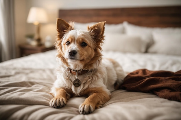 a dog is laying on a bed with pillows and a lamp