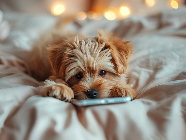 Photo a dog is laying on a bed with a remote control