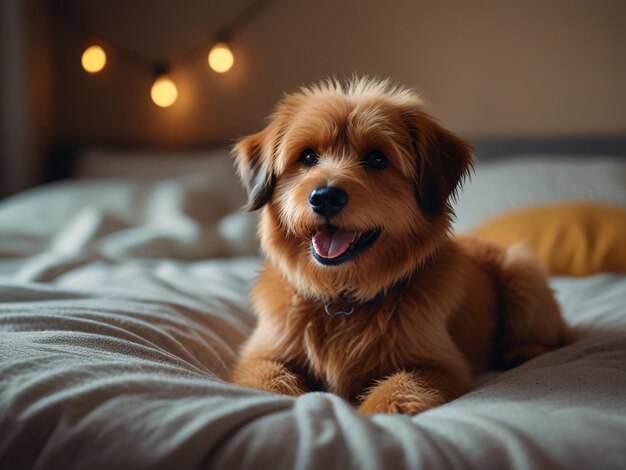 a dog is laying on a bed with a string of lights behind it