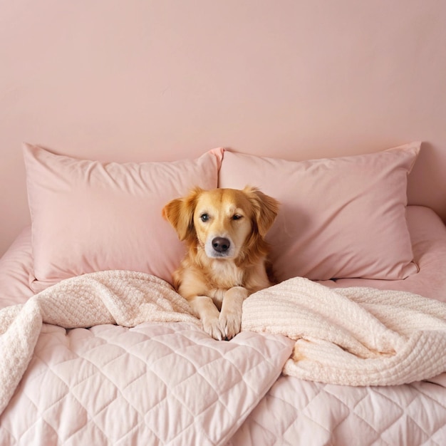 Photo a dog is laying on a bed with a yellow background