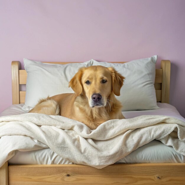 Photo a dog is laying on a bed with a yellow background