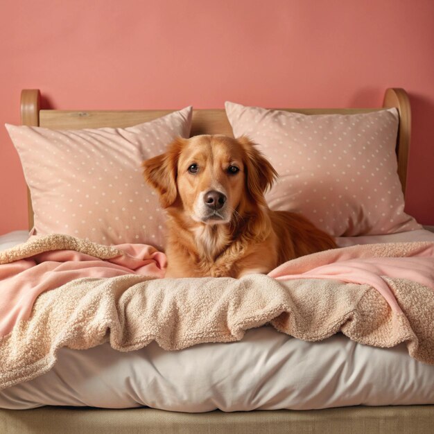 Photo a dog is laying on a bed with a yellow background