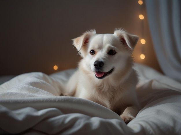 a dog is laying on a blanket with christmas lights behind it