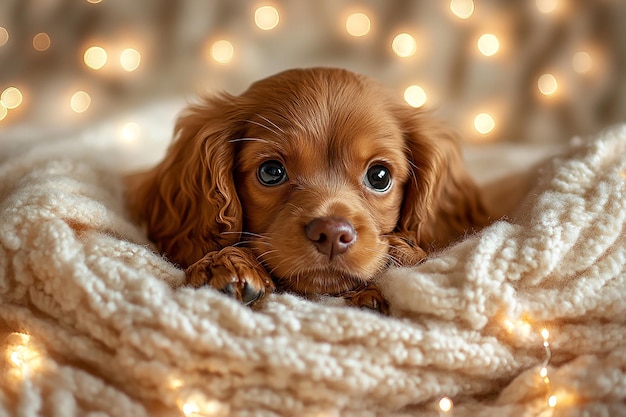 Photo a dog is laying on a blanket with the lights behind it