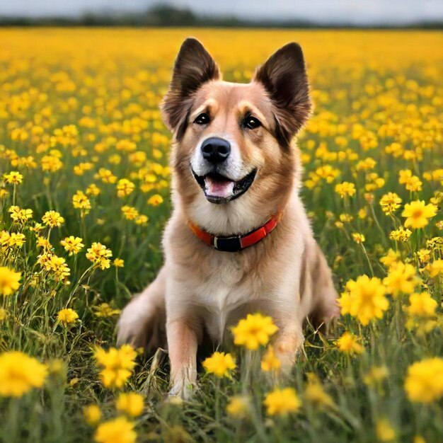 a dog is laying in a field of yellow flowers