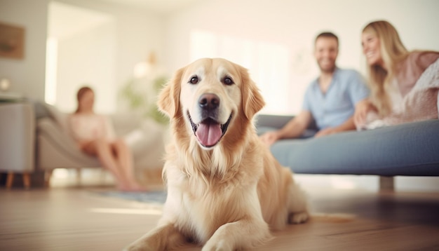 a dog is laying on the floor with the family in the background