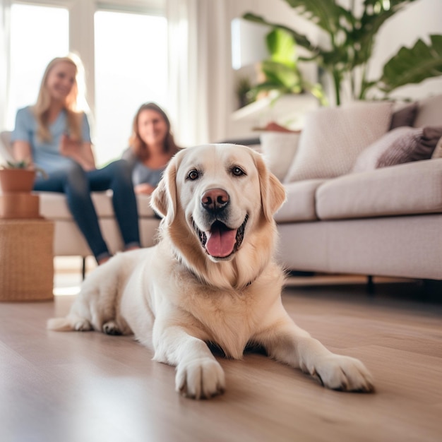 a dog is laying on the floor with the family in the background