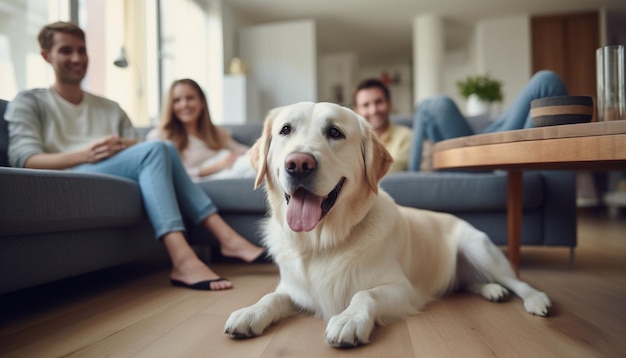 a dog is laying on the floor with the family in the background