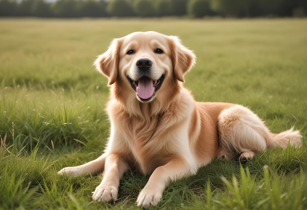 Photo a dog is laying in the grass with his tongue out