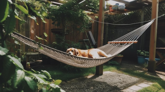 A dog is laying in a hammock in a backyard.