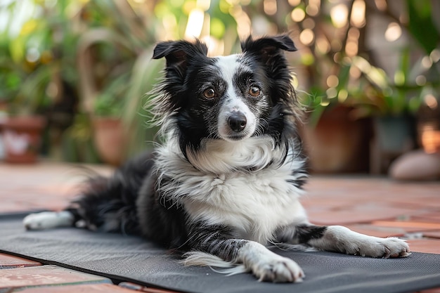 a dog is laying on a mat outside with a plant in the background