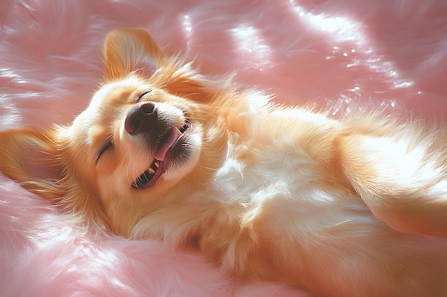 Photo a dog is laying on a pink blanket with a smile on its face