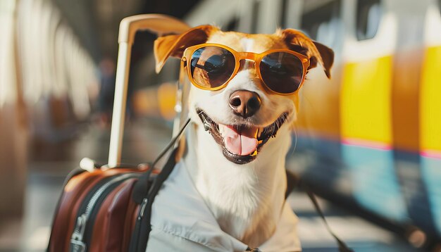 A dog is laying on a seat next to a red backpack by ai generated image