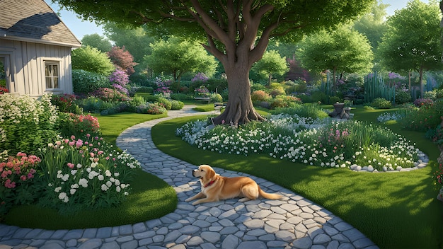 a dog is laying on a stone path in a garden