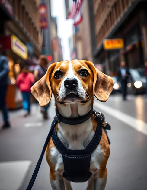 a dog is on a leash in front of a sign that says dog on it