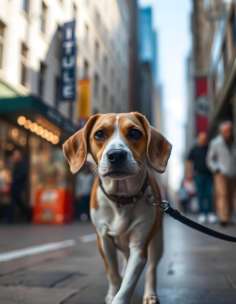 a dog is on a leash in front of a storefront