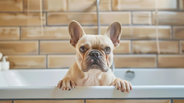 a dog is looking over a bathtub with its ears perked up