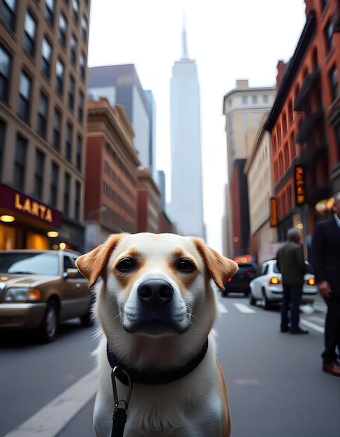 a dog is looking at the camera while people walk down the street