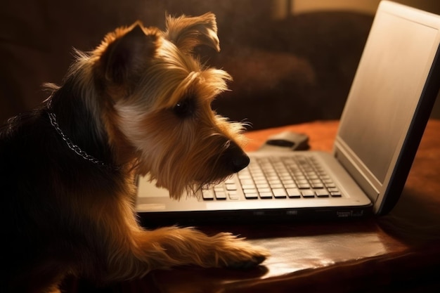 A dog is looking at a laptop on a table.