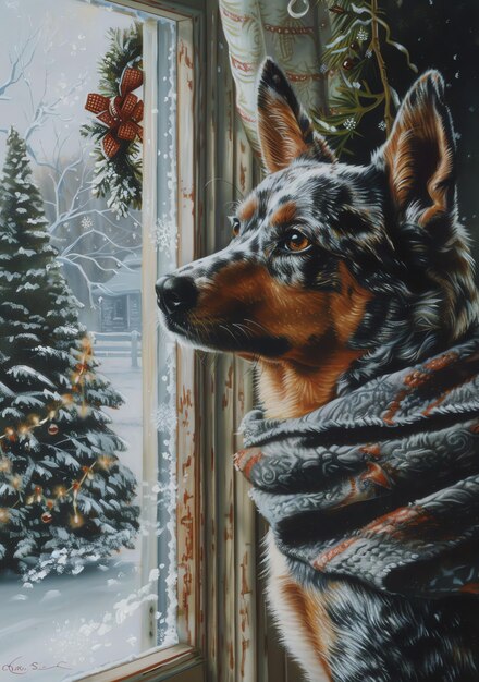 a dog is looking out a window with a christmas tree in the background