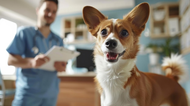 Photo a dog is looking at a piece of paper with a man in the background