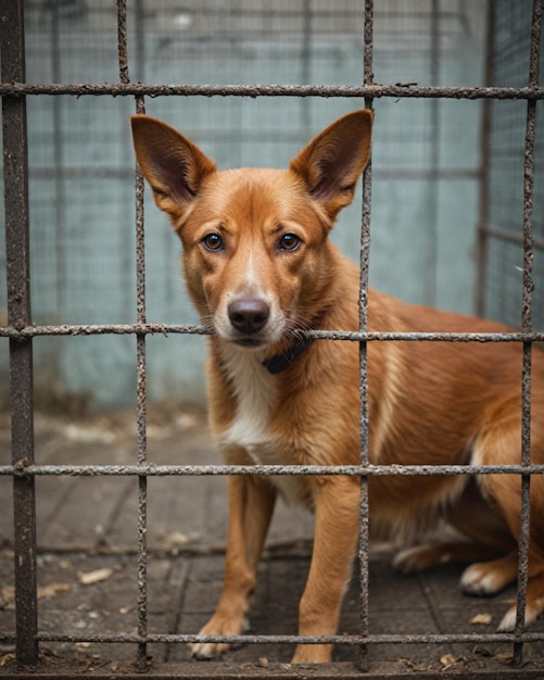 a dog is looking through a cage that has a chain link fence