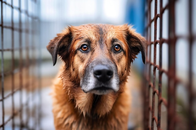 a dog is looking through a fence