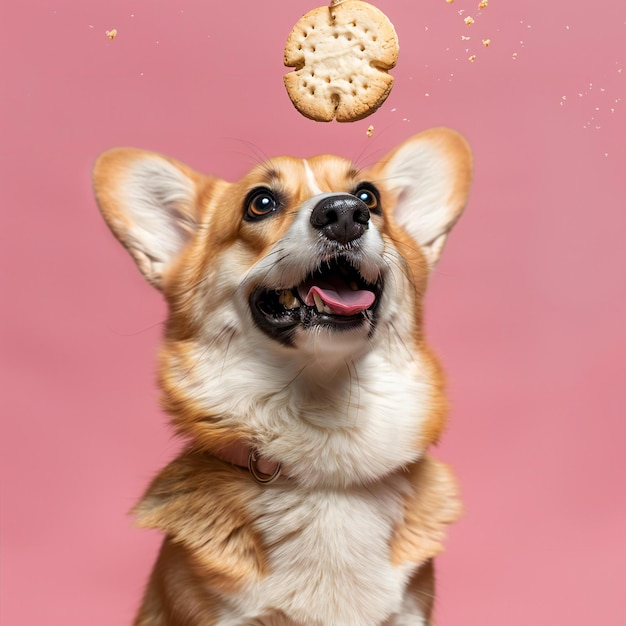 Photo a dog is looking up at a cookie that has a bite out of it