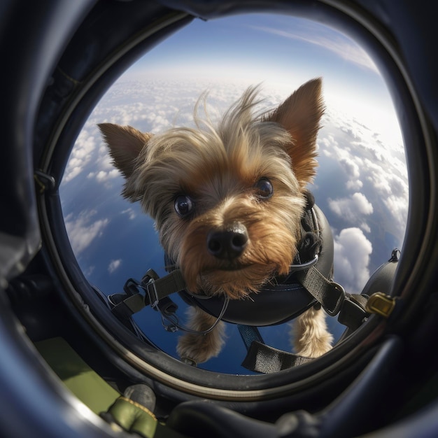 A dog is looking up at the sky and the camera is looking up.