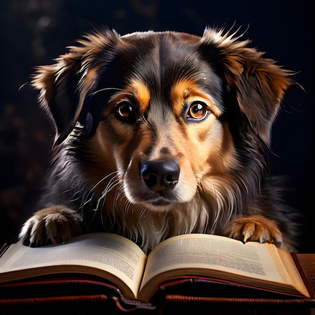 a dog is looking at you while reading book