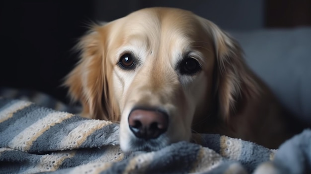 A dog is lying on a blanket with the word golden on it.