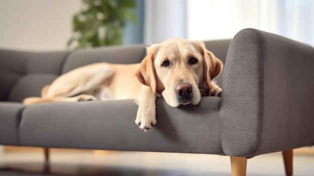 A dog is lying on a couch with its head resting on its arm.