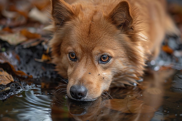 a dog is reflected in a body of water with a reflection of him