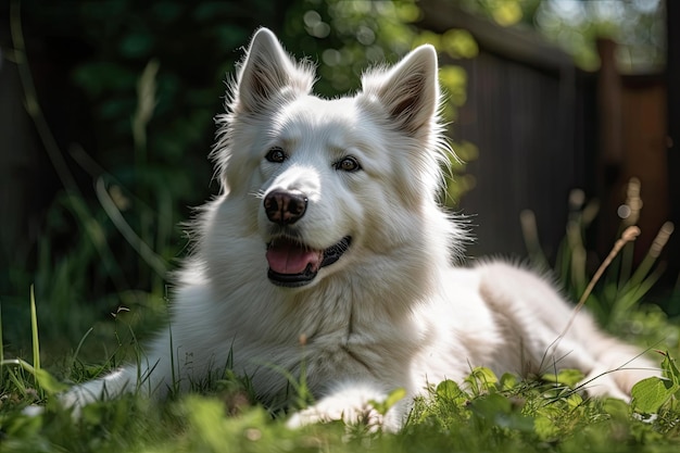 The dog is resting in the shade on the lawn