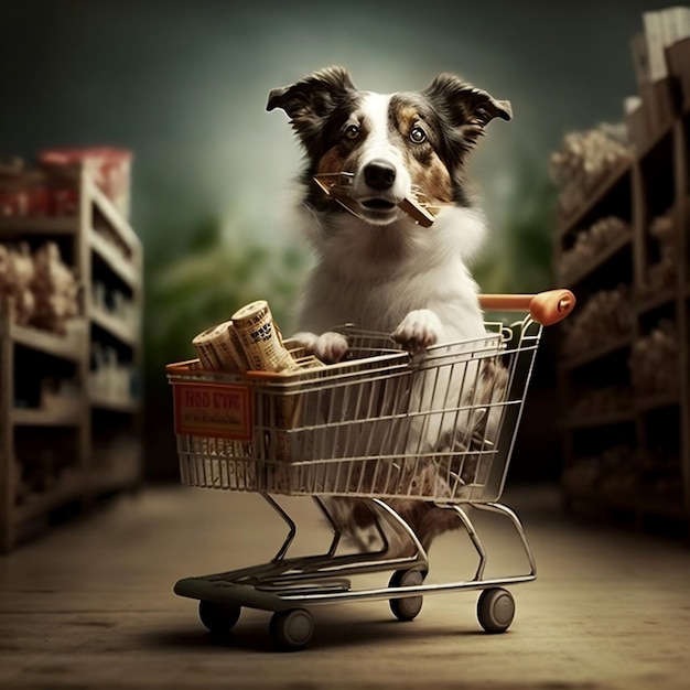 A dog is riding in a shopping cart with a sign that says'dog'on it.