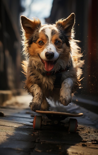 a dog is riding a skateboard with his tongue out.