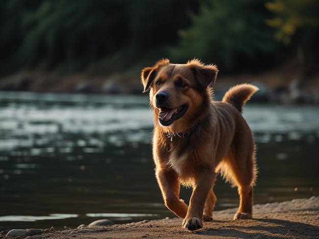 a dog is running along a river with the name dog on it