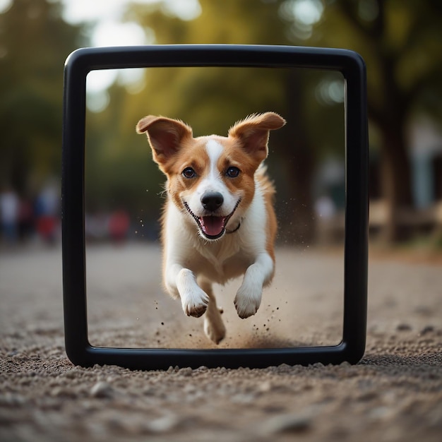 a dog is running around a tv with a dog on the screen