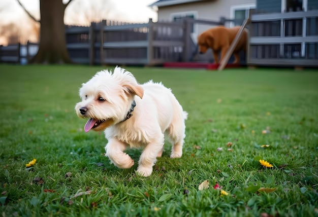 a dog is running in the grass with a dog in the background