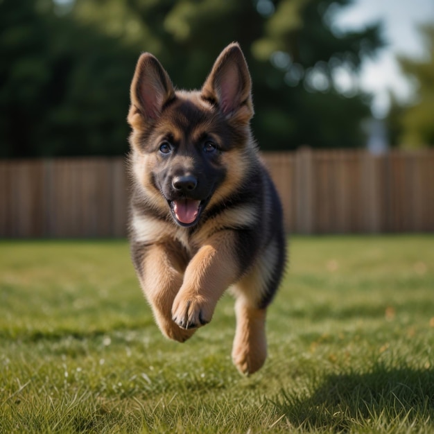 a dog is running in the grass with his tongue out