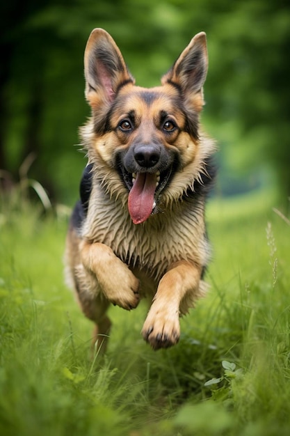 a dog is running in the grass with its tongue out