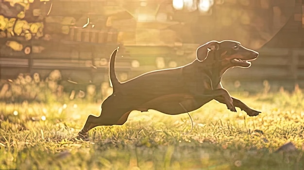 Photo a dog is running in the grass with the sun behind him