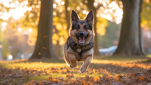 a dog is running in the park with autumn leaves.